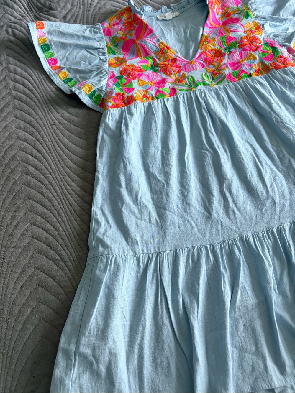 THML Light Blue Mini Dress with Bright Floral Embroidery - Picture 4 of 7